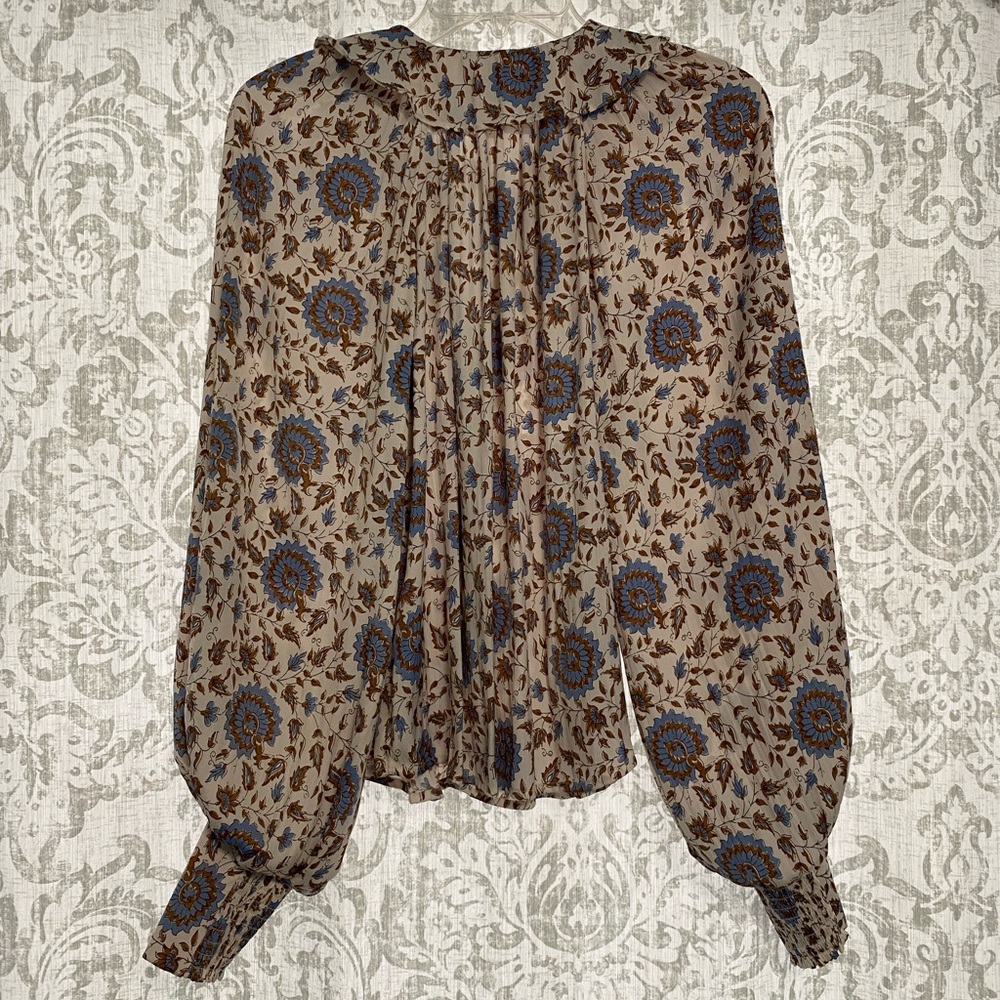 Silky Floral Print Peasant Blouse in Cream and Blue Sz XS fits S (oversized) - Picture 9 of 12